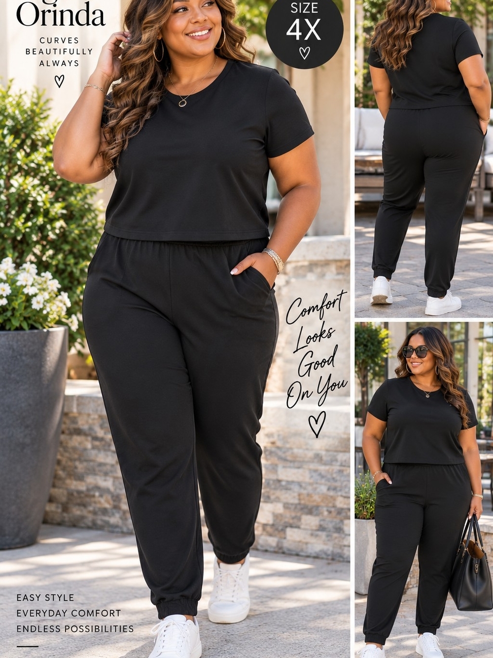 Agnes Orinda NWT 4X Black Two Piece Lounge Set Top & Jogger Pants